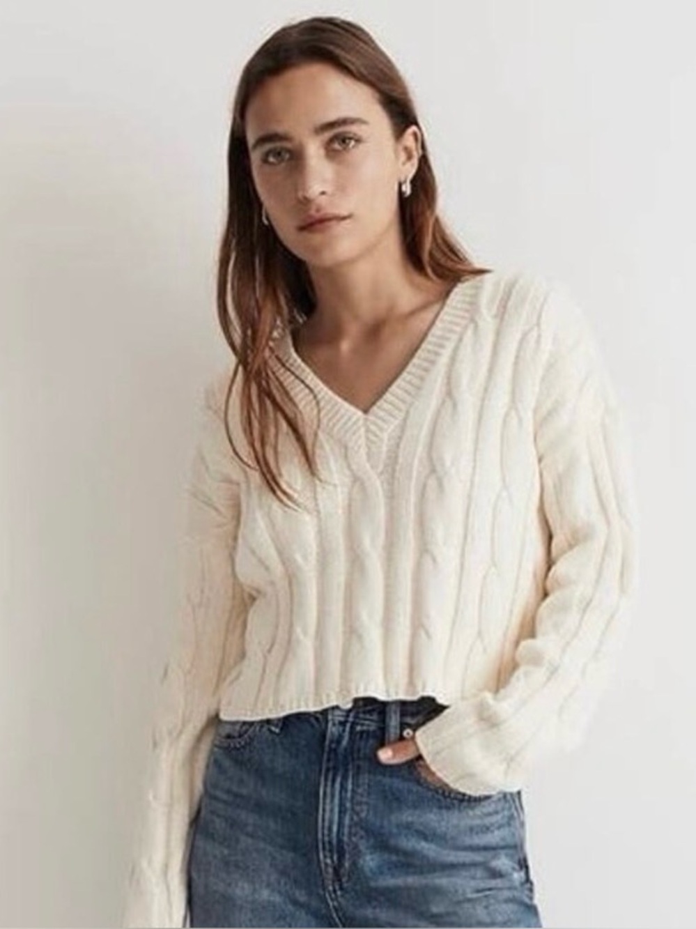 Madewell Cable-Knit V-Neck Crop Sweater in Antique Cream Size XLarge